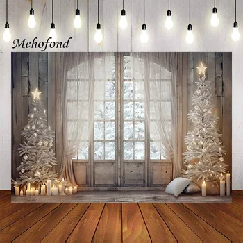 Фон за снимки Mehofond, Коледна завеса на прозореца, Зима, Сняг, елха, Детски, семеен портрет, декор, на фона на фото студио