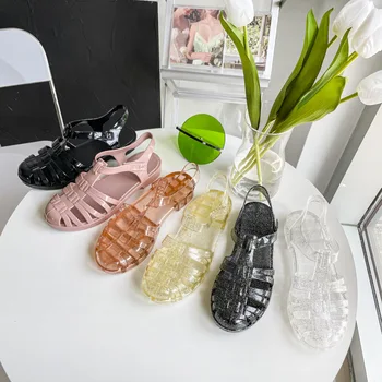 Нови Летни дамски Сандали на равна подметка, женски Прозрачни кристални пластмасови обувки-желе, дамски сандали-за ролята на държавата в ретро стил, ярки цветове