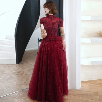 2020 Ново висококачествено тежко бордовое рокля ръчна изработка, рокля за наздравици, Тънка и дълга сватбена вечер на булката рокля с висока яка