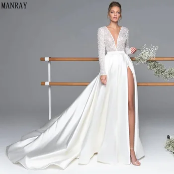 Сватбена рокля MANRAY От Сатен С Дълъг Ръкав, Луксозна Сватбена Рокля С Дълбоко V-образно деколте И Цепка отстрани, vestido de новия, Струята 2023