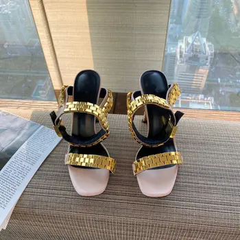 Ежедневни дизайнерски модни дамски обувки от бяла естествена кожа, Златни ланци, Сандали на висок ток с отворени пръсти, Sandalias Zapatos Mujer
