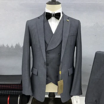 Елегантни обикновен мъжки костюми, комплект от 3 теми, благородна приталенная бизнес и ежедневни облекла за бутик, модерен мъжки костюм (яке + жилетка + панталони)