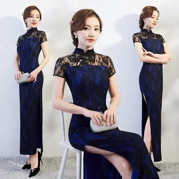 Дамско черно синьо дълго дантелено винтажное обличам Рокли за майките, тънки вечерни рокли за традиционното шоу, плюс Размера на Qipao S2200