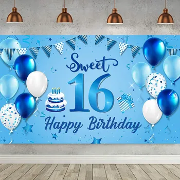 От декорацията на партито по случай 16-годишнината си, банер за торта, светло синьо въздушно топка с пайети за момчета, фон за снимки по индивидуална заявка