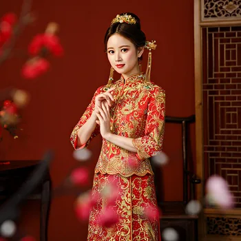 Сватбена рокля Yourqipao в китайски стил, обличам за наздравици, дълга рокля Феникс, Чонсам с бродиран шал яка подпора, червена рокля Сюхэ за булката