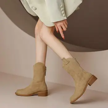 Зимни обувки, дамски ежедневни универсални дънкови обувки с кръгло бомбе на нисък ток в западен стил