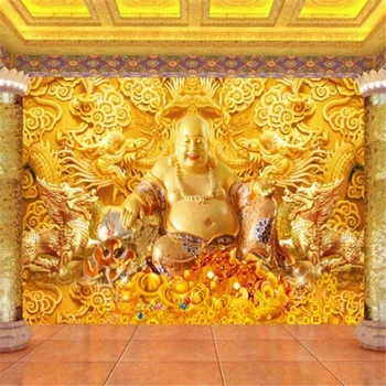 потребителски тапети beibehang 3d стенописи идват Буда щастливо съкровище на фона на телевизор с позлатени релефни тапети за хола на фона на стена