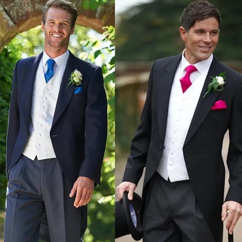 Класически сватбени мъжки костюми Смокинг с ревера, дълги костюми с джобове за една пуговице, Панталони в ивица по поръчка, Блейзър от 2 елементи, изработена по поръчка