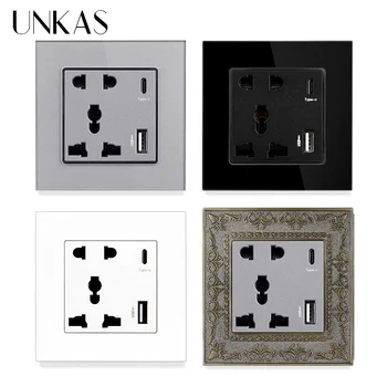 USB порт UNKAS Type-C, Универсален изход с 5 дупки, Стъклена пластмасов панел от с сплав с 4D релефни, изход за бързо зареждане 3100mA