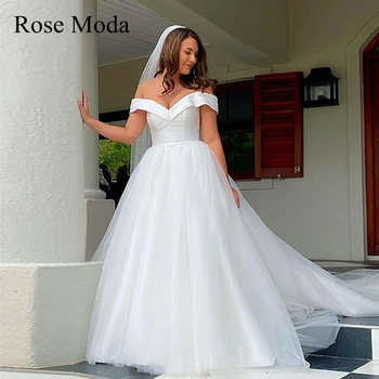Rose Moda Сватбени рокли от тюл принцеса с открити рамене, сватбена рокля с V-образно деколте, сватбената рокля на поръчка