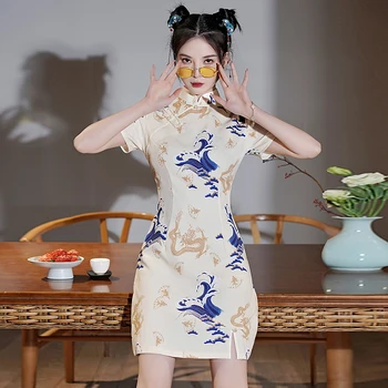 Национално Ретро, Нов Подобрен китайски стил, Чонсам, Лятното модно модерна рокля Ципао с къси ръкави и принтом за младежта