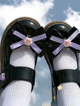 Френски реколта обувки Mary Janes, Прекрасни Елегантни обувки с кръгло бомбе с лък, Дамски модни обувки на плоска подметка с плетене на една кука и линия, есен 2023 година