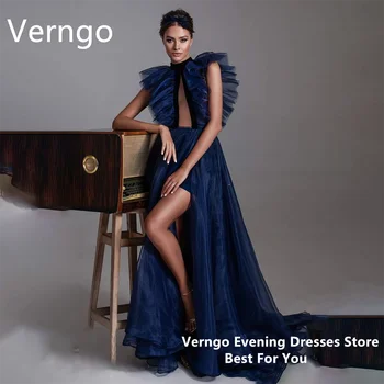 Verngo Тъмно синьо вечерна рокля от органза, дамски официални рокли с цепка отстрани, секси рокли за бала, просто рокля на трапецовидна форма за по-официални събития