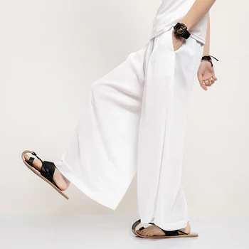 Мъжки традиционната китайска облекло Tang Suit Hanfu Прости широки панталони Sinicism Черно-бели мъжки ежедневни свободни панталони