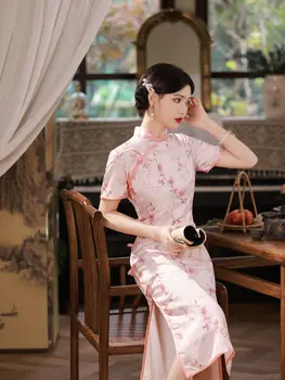 Китайски Ретро Дълъг Чонсам с висока цепка, Розов Цветен принт, Ципао, Традиционен Женски халат, Вечерни рокли с къс ръкав