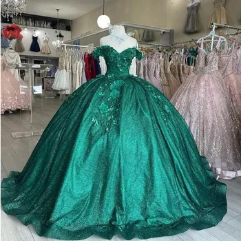 Изумрудено-зелени Тучни Рокля С Цветен Модел, Бална рокля С 3D Цветя, Секси Рокля С Открити Рамене, Золоченые Пайети, Принцеса-Дебютант, 15 Vestidos