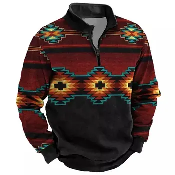 Мъжки пуловер с цип с 3D тотемным принтом За мъже, свободен топ оверсайз, есенна спортни облекла за активен отдих, висококачествена реколта мъжки дрехи