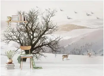 Потребителски снимки на 3d тапети Снежна дърво лосове лети птици, красиви природни пейзажи декор на 3d стенописи тапети за стени d 3