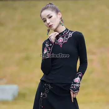 2023 традиционен китайски жена топ hanfu, блуза с национална бродерия на цветя, ретро пуловер памук, костюм тан, женска тениска в ретро стил