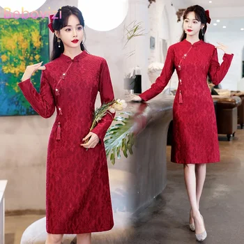 Традиционната китайска облекла за жени, модерен моля, червен Чонсам, елегантна и красива рокля Ципао с дълъг ръкав, CNY