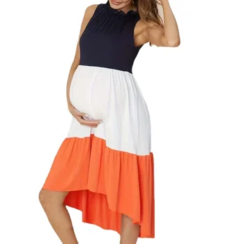 Женствена рокля за бременни, цветна пола с висока засаждане и риза без ръкави, рокля в стил мозайка, пуловер, дрехи за бременни