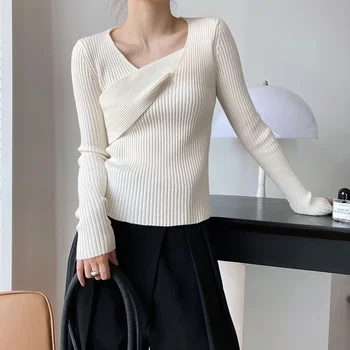 2023 Нов дамски пуловер Модерен вязаный пуловер с дълъг ръкав на кръст, пуловер, зимни дрехи, женски вязаный пуловер Pull Femme