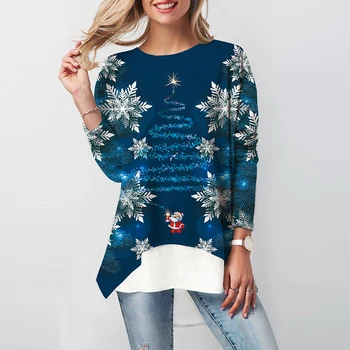 Женска тениска с модерен принтом в новия рождественском стил, риза с дълъг ръкав и нередовни подолом, ежедневни Свободна риза с кръгло деколте и висока талия