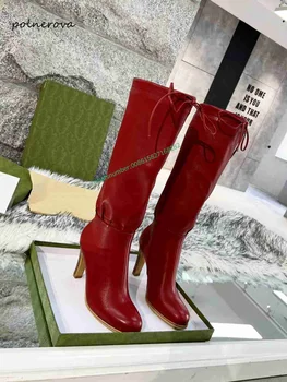 Луксозни дълги ботуши дантела, обикновена обувки от естествена кожа с остри пръсти, Дамски обувки за партита на модния подиум, есен-зима 2023, мода ретро