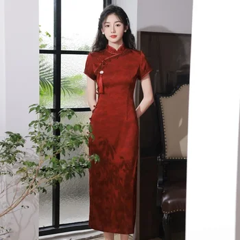 Висококачествени китайски традиционни червени Жакард рокли Чонсам с къс ръкав, Женски булчинската рокля на булката, Винтажное Ципао S-XXL