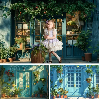 Пролетта фон за снимки, Синя дървена стена, прозорец, билки, Детски душ, торта за рожден ден, портретна фон за фото студио