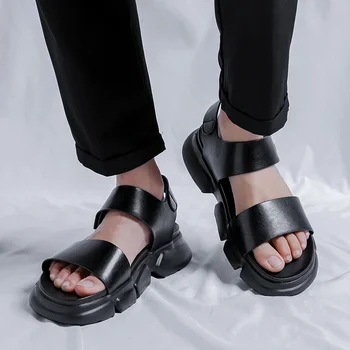 Летни висококачествени сандали на дебела подметка с отворени пръсти, мъжки бизнес плажни сандали на платформа, удобни и дишащи кожени обувки
