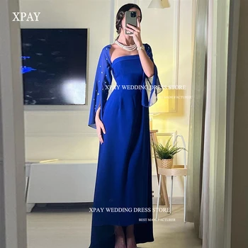 XPAY Реколта сини вечерни рокли с дължина до пода рокля без презрамки с дълъг ръкав, арабско женствена рокля за абитуриентски бал, официална вечерна рокля 2023