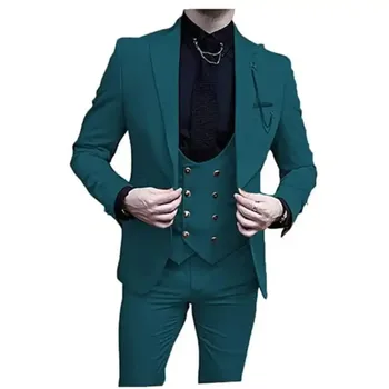 Петрол-зелени мъжки костюми от 3 части-яке, панталон, жилетка, сватбената рокля на булката, смокинги, приталенная мъжки дрехи за бала, мъжки блейзери по поръчка