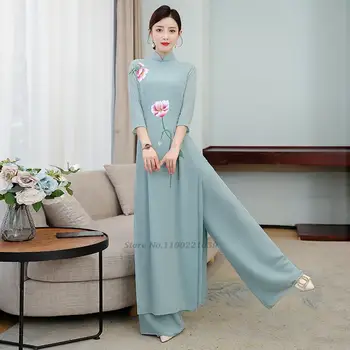 2024 вьетнамское рокля aodai за жени, традиционната ежедневна рокля + панталони, комплект с флорални принтом, халат за баня и брючный костюм, дамско китайското рокля