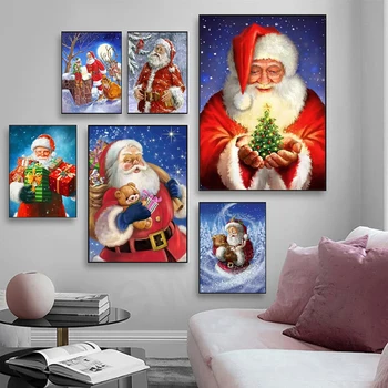 Коледни картини с Дядо Коледа, лосем и сняг, стенни живопис, модерни постери, щампи, начало декор за хола, без рамка