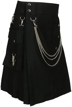 Мъжки пола-килт в шотландски стил Готик, пънк, джобни поли за кендо, шотландски черно модерен универсален килт със сребро на веригата