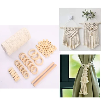 Кабел Ресни, въже от естествен памук, с дървен пръстен, дървена пръчка за никнене на млечни зъби, комплект за ресни, стенни закачалка за растенията