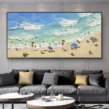 Съвременната мода Минималистичная естетиката на Стенно изкуство Плажни вълни Тълпата HD Плакати с маслени бои върху платно и печатни подаръци за дома
