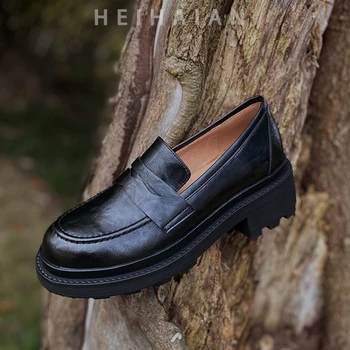 Лоферы Heihaian Basic, Новост пролетта 2024 година, Корейски Обикновена обувки за крайградски пътувания, Черни обувки с дебела подметка, с кръгло бомбе за жени