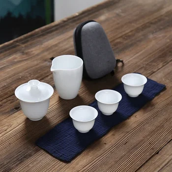 Бял керамичен чайник gaiwan с 3 чаши, 4 чаши gaiwan супени апарати преносими пътни супени комплекти съдове за напитки