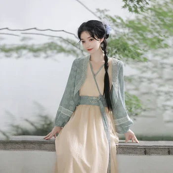 Оригинални китайски комплекти Hanfu за жени, пролет жаккардовый жилетка с ръкави-фенерче, палто, бели рокли без ръкави, с цепка, костюми