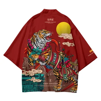 Cosplay с тигровым принтом, червено традиционно кимоно Хаори, женско, мъжко, Харадзюку, японската плажната юката, градинска дрехи, жилетка, дрехи