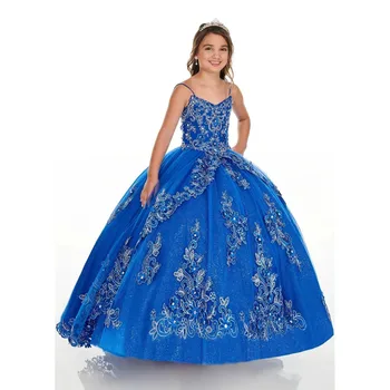 Королевско-сини мини-рокли за момичета в цветенце, бална рокля, тюлевые апликации, бродирани с мъниста Рокли за момичета в цветенце за сватби, елегантни рокли за деца, Бебета