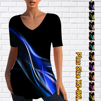 2023 Нов дамски Пуловер, Лятна Градинска мода, V-образно деколте, Къс Ръкав, Дълга риза, Дамски Реколта дрехи, тениски с 3D принтом