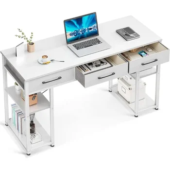 Офис малък компютър часа: начало маса с плат чекмеджета и рафтове за съхранение, модерен бюро, бял, 48 
