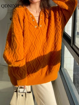 Есенно-Зимния Корейски Модерен Оранжев Женски Пуловер С V-образно деколте, Нови Елегантни Мързеливи, Пуловери, плетени калъф за Върховете, Без Връхни Дрехи, Трикотаж