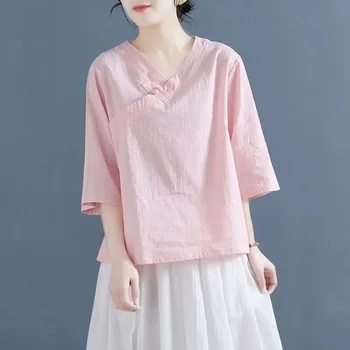 2023 традиционната китайска реколта блуза дамски етническа риза дзен националната памучен бельо жаккардовая блуза източна блуза с v-образно деколте