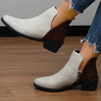 Дамски обувки 2023 г., Висококачествени дамски обувки в тон, Модни модерни ботуши с цип отстрани, Женски пикантни ботильоны с остри пръсти