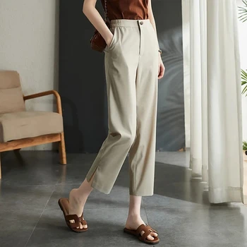 Летни Тънки Дамски ежедневни панталони, Модерни Свободни панталони с цепка с висока талия, дамски дрехи, обикновена прави панталони в стила на дивия винтажного стил