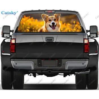 Куче Corgi с цветя Стикер на задното стъкло за пикап, камиона, лек автомобил Универсален прозрачен винил стикер с пробиване на задните стъкла